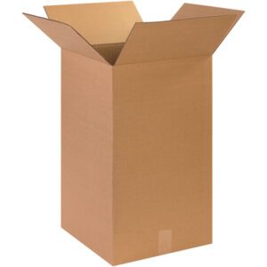 A large, open MH-USA 14 x 14 x 24 Tall Corrugated Box from a 15-box bundle stands upright on a white background, its flaps extended outward. It appears empty and is made of durable brown material, perfect for packing and shipping.