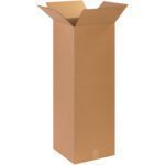 A tall MH-USA 14 x 14 x 36 corrugated box stands upright with its flaps folded outwards, against a plain background, revealing an empty interior. Ideal for sturdy storage or shipping needs, these boxes come in a bundle of 15.