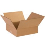 An MH-USA 14 x 14 x 4 flat corrugated box with flaps spread outward sits on a neutral background, highlighting its sturdy design.