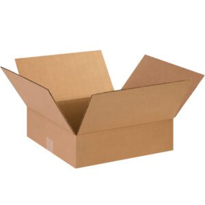 An MH-USA 14 x 14 x 4 flat corrugated box with flaps spread outward sits on a neutral background, highlighting its sturdy design.