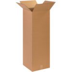 The MH-USA 14 x 14 x 40 tall corrugated box from the (15/Bundle) set stands upright, its brown surface stark against a white background, showcasing simplicity and functionality.