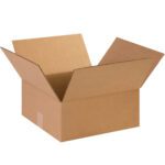 An empty MH-USA 14 x 14 x 6 flat corrugated box, with its flaps spread open, reveals its sturdy interior against a plain white background.