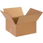 A brown MH-USA 14 x 14 x 7 corrugated box from a 25-bundle set, with flaps open, sits empty and in good condition on a white background.