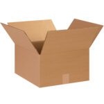 An MH-USA 14 x 14 x 8 corrugated box rests open with flaps extended on a white background, revealing its textured interior and a piece of tape on the front, showcasing the quality of these boxes sold in bundles of 25.