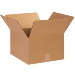 A bundle of MH-USA 14 x 14 x 9 Corrugated Boxes (25/Bundle) is ready, with one open box displaying its sturdy flaps against a plain white background.