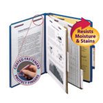 A dark blue Smead Premium Pressboard Classification File Folder, featuring SafeSHIELD™ Fasteners that resist moisture and stains, is shown open with charts and text. Highlights include Coated Fasteners Protect Fingers and a 2 expansion. Sold in boxes of 10 (14200).