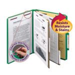 A Smead Premium Pressboard Classification File Folder in green, letter-size, with SafeSHIELD™ Fasteners stands upright holding documents. It features a 2 expansion and dividers. A circular label notes that the coated fasteners protect fingers and a yellow arrow indicates resistance to moisture and stains.