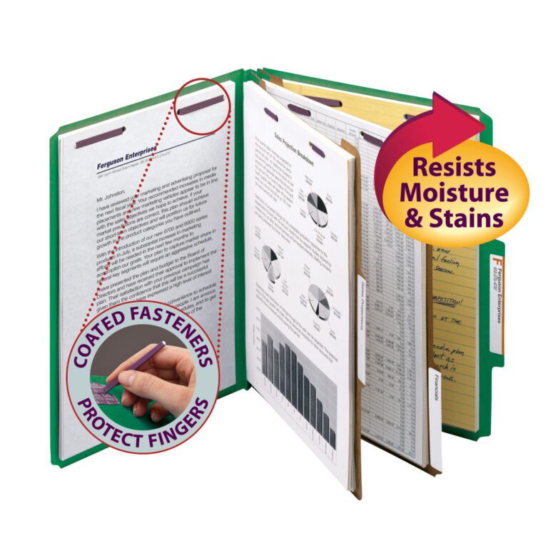 14201_C1.jpg A Smead Premium Pressboard Classification File Folder in green, letter-size, with SafeSHIELD™ Fasteners stands upright holding documents. It features a 2 expansion and dividers. A circular label notes that the coated fasteners protect fingers and a yellow arrow indicates resistance to moisture and stains.
