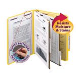 The yellow Smead Premium Pressboard Classification File Folder with SafeSHIELD Fasteners and 2 dividers holds multiple letter-size documents. Labeled tabs frame a graphic highlighting coated fasteners, and an arrow points to Resists Moisture & Stains as charts and graphs enhance the contents.