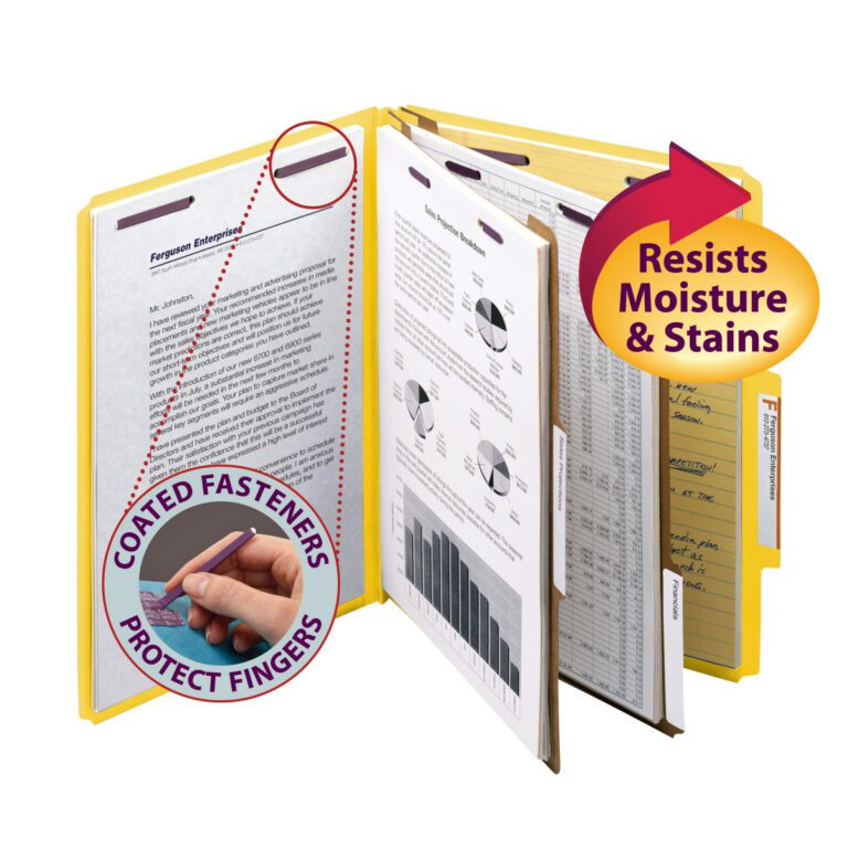 The yellow Smead Premium Pressboard Classification File Folder with SafeSHIELD Fasteners and 2 dividers holds multiple letter-size documents. Labeled tabs frame a graphic highlighting coated fasteners, and an arrow points to Resists Moisture & Stains as charts and graphs enhance the contents.