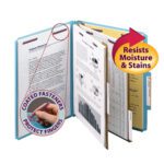 Open a Smead Premium Pressboard Classification File Folder in blue, featuring SafeSHIELD? Fasteners, 2 dividers, and moisture-resistant material. Showcasing charts and graphs with coated fasteners for protection, this letter-size organizer holds securely with careful handling.