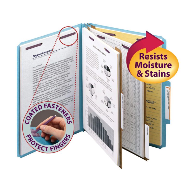 14204_C1.jpg Open a Smead Premium Pressboard Classification File Folder in blue, featuring SafeSHIELD? Fasteners, 2 dividers, and moisture-resistant material. Showcasing charts and graphs with coated fasteners for protection, this letter-size organizer holds securely with careful handling.