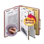 The Smead Premium Pressboard Classification File Folder (14205) showcases six filing surfaces for letter-size documents. Yellow legal pad pages, graphs, and coated SafeSHIELD™ fasteners protect fingers. It includes red dividers for organization in a box of 10 with a 2 expansion.