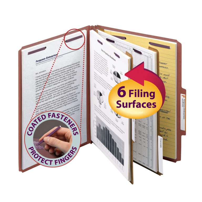 14205_C1.jpg The Smead Premium Pressboard Classification File Folder (14205) showcases six filing surfaces for letter-size documents. Yellow legal pad pages, graphs, and coated SafeSHIELD™ fasteners protect fingers. It includes red dividers for organization in a box of 10 with a 2 expansion.