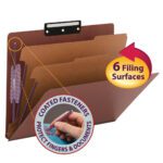 A red Smead Pressboard Classification File Folder is shown, labeled 6 Filing Surfaces, with SafeSHIELD Fasteners and a 1/3-Cut Flat Metal Tab. A hand demonstrates safe document insertion. It includes 2 dividers and offers a 2 expansion for letter-size documents.