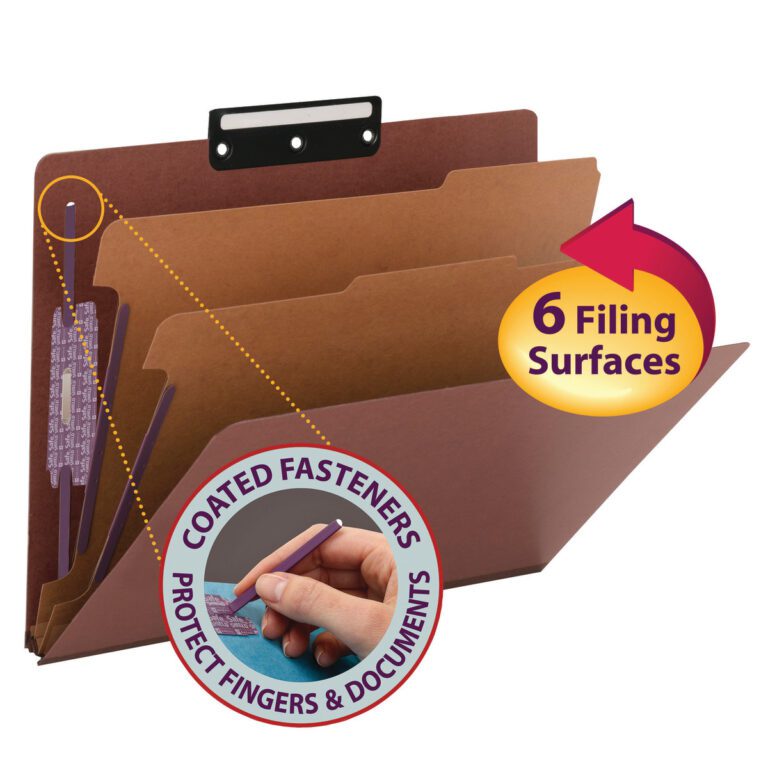 A red Smead Pressboard Classification File Folder is shown, labeled 6 Filing Surfaces, with SafeSHIELD Fasteners and a 1/3-Cut Flat Metal Tab. A hand demonstrates safe document insertion. It includes 2 dividers and offers a 2 expansion for letter-size documents.