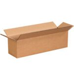 A long, rectangular MH-USA corrugated box on a white background, partially opened with flaps, made of plain brown cardboard.