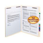 A Smead Fastener File Folder, letter size and manila (14513), is open showing papers with text and graphs. It features reinforced straight-cut tabs with number labels, a Tab Reinforced to Last Longer sticker, and two fasteners. Packed 50 per box, it ensures durability and organization.