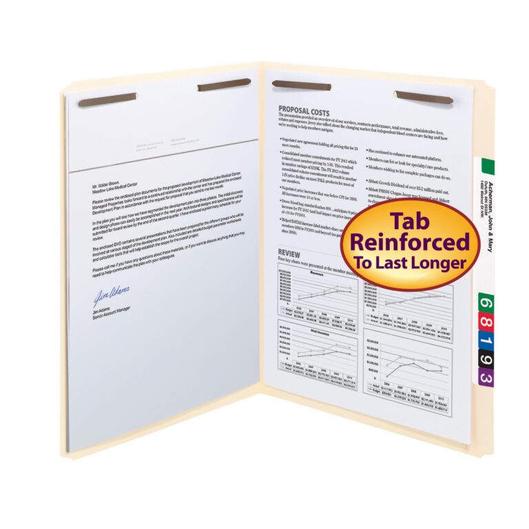 A Smead Fastener File Folder, letter size and manila (14513), is open showing papers with text and graphs. It features reinforced straight-cut tabs with number labels, a Tab Reinforced to Last Longer sticker, and two fasteners. Packed 50 per box, it ensures durability and organization.