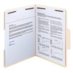 An open Smead SuperTab Fastener File Folder displays two letter-size pages, one with a signed letter, the other titled Proposal Costs and Review, featuring text and charts. Metal fasteners secure the pages, while an oversized reinforced 1/3-cut tab allows for easy labeling.