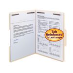 The Smead Fastener File Folder, featuring reinforced 1/3-cut tabs and two fasteners, securely holds printed pages. The left side has a typed letter with a signature, while the right shows proposal costs, review details, charts, and graphs. Its durable tabs ensure effortless organization.