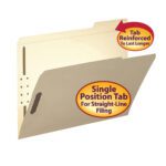 An open Smead Fastener File Folder, letter size (14538), features a reinforced 1/3-cut right-position tab for durability and straight-line filing, includes 2 fasteners for secure document storage, and is highlighted by circular labels. Comes in a box of 50 in manila.