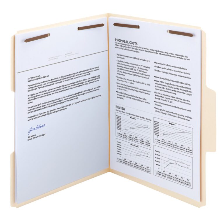 The Smead SuperTab Heavyweight Fastener File Folder securely holds printed text and graphs with two fasteners. One section is signed, detailing a proposal with cost and review sections neatly organized on the right-hand side.