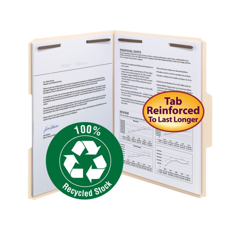 14547_C1.jpg Smead folder (14547) displays graphs and text, featuring a green 100% Recycled Stock icon. The reinforced 1/3-cut tab has a yellow badge stating Tab Reinforced To Last Longer. Comes with 50 per box and 2 fasteners, letter-size manila.