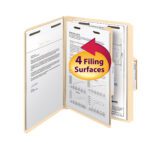 A Smead Fastener Heavy-Duty File Folder with Divider and 2 fasteners holds several clipped documents. A red and yellow arrow highlights the 4 Filing Surfaces. The reinforced 1/3-cut tab is on the right, available in a 10 per box (14560).