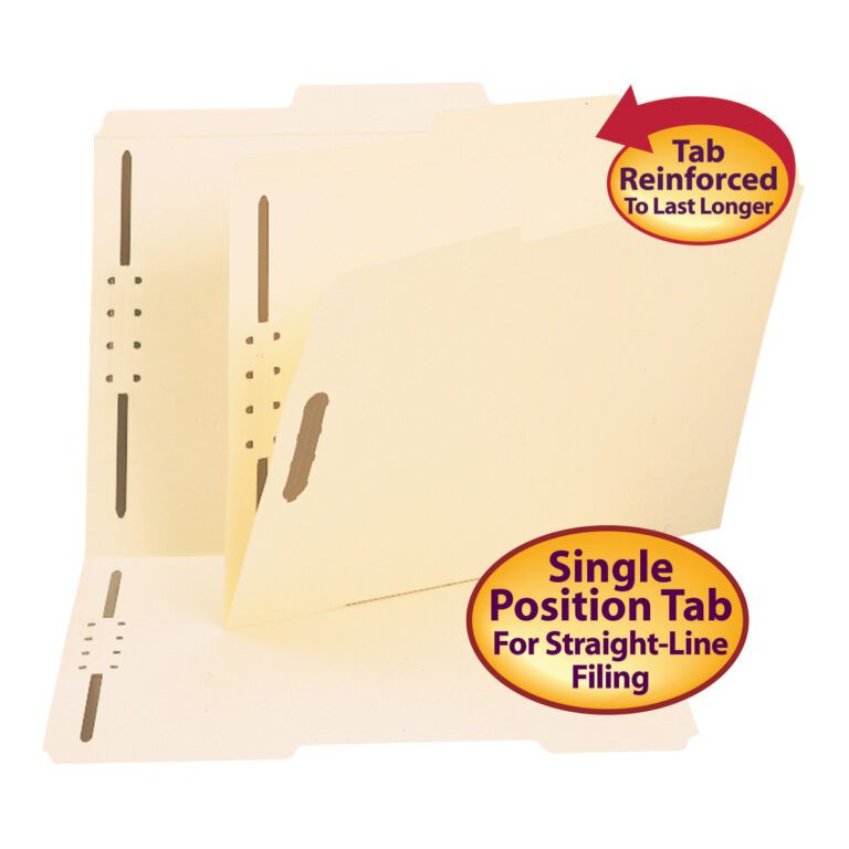 Smead Fastener File Folders are showcased with reinforced 2/5-cut tabs right of center for durability and straight-line filing. Guide-height and partially open to highlight their design, each box contains 50 folders (14580) for organizational needs.