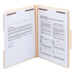 The Smead Fastener File Folder, featuring a reinforced 1/3-cut tab and 1-1/2 expansion, holds letter-size documents with text, graphs, and tables. Each left page includes a blue signature at the bottom. The folder stands open on a white background.