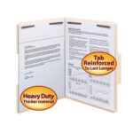 Open the Smead Heavy-Duty Fastener File Folder, featuring two fasteners and 1/3-cut tabs on letter-size manila paper, with reinforced tabs and labels for durability: Heavy Duty Thicker Material and Tab Reinforced To Last Longer.