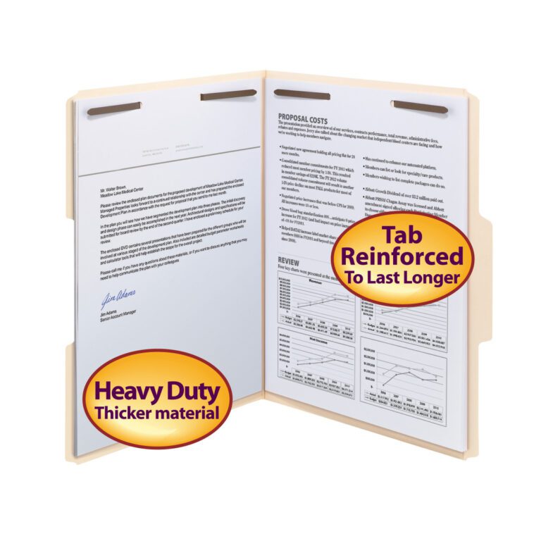 14600_C1.jpg Open the Smead Heavy-Duty Fastener File Folder, featuring two fasteners and 1/3-cut tabs on letter-size manila paper, with reinforced tabs and labels for durability: Heavy Duty Thicker Material and Tab Reinforced To Last Longer.