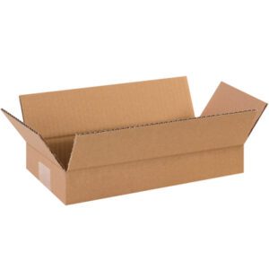 The MH-USA 14 x 6 x 2 flat corrugated box is displayed open with its flaps spread against a white background, showcasing its robust design and versatile size, ideal for diverse packaging requirements. (25/Bundle).
