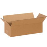 A brown MH-USA 14 x 6 x 4 long corrugated box with open flaps is standing on a white background.
