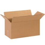 An empty MH-USA 14 x 7 x 7 brown cardboard box with outward flap is set against a white backdrop, showcasing its sturdy build and spacious interior.