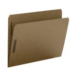 A Smead Fastener File Folder with 2 fasteners and a reinforced straight-cut tab at the top edge, showcasing its plain, textured Kraft surface against a white background.