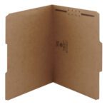 A Smead Fastener File Folder in kraft, featuring a reinforced 1/3-cut tab and sturdy metal fastener at the top. It has a subtle texture with an inside logo, available as 50 per box (14834).