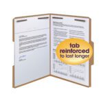 The Smead Fastener File Folder (14837) is open, showing two pages; the right one has a yellow sticker promoting its Reinforced 1/3-Cut Tab for added durability. It features metal prongs for paper security and each box includes 50 strong Letter Size folders with 2 fasteners each.