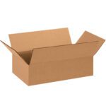 Against a plain white background, an open MH-USA 14 x 8 x 4 flat corrugated box reveals its interior. This box is part of a bundle of 25.