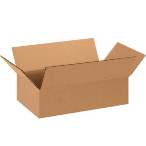Against a plain white background, an open MH-USA 14 x 8 x 4 flat corrugated box reveals its interior. This box is part of a bundle of 25.