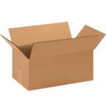 An MH-USA 14 1/2 x 8 3/4 x 6 corrugated box from the bundle of 25 sits against a plain white background, showcasing its sturdy construction with flaps extended outward.