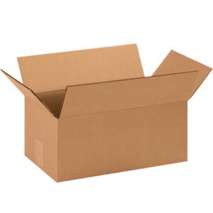 An MH-USA 14 1/2 x 8 3/4 x 6 corrugated box from the bundle of 25 sits against a plain white background, showcasing its sturdy construction with flaps extended outward.