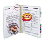 The Smead Pressboard File Folder with SafeSHIELD® Fasteners in gray/green is designed for letter size documents, offering a 2 expansion with 2 fasteners for secure organizing. It features straight-cut tabs and ensures finger safety. Each box includes 25 folders.