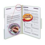 The Smead Pressboard File Folder with SafeSHIELD™ Fasteners (14931) provides a 1 capacity using two fasteners. The 1/3-cut tab ensures organization, while coated fasteners safeguard fingers, securely holding charts and text. Available in gray/green, letter size, 25 per box.