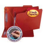 The Smead Pressboard Fastener File Folder in bright red features SafeSHIELD? Fasteners with 2 fasteners and a 1/3-cut tab. It accommodates letter-size documents with a convenient 2 expansion, protecting fingers and papers. Comes in a box of 25 (Product: 14936).