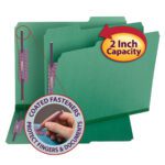 The Smead Pressboard Fastener File Folder with SafeSHIELD? technology is shown in vibrant green. An inset highlights a hand using the coated fasteners, protecting fingers and documents. A label states Letter Size and 2 Inch Capacity.