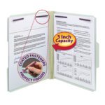 An open Smead Pressboard Fastener File Folder with SafeSHIELD? Fasteners reveals documents, including charts and graphs. Coated Fasteners Protect Fingers is highlighted with a 3 Inch Capacity badge. The gray/green folder has columns of text and tables. Includes 2 fasteners, 25 per box (14944).