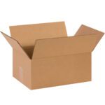 A well-lit image shows an open MH-USA 14 x 9 x 6 corrugated box with raised flaps, set against a plain white background.