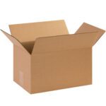 An empty MH-USA 14 x 9 x 8 corrugated box from a 25-bundle set sits open with its flaps extended outward against a plain white backdrop.